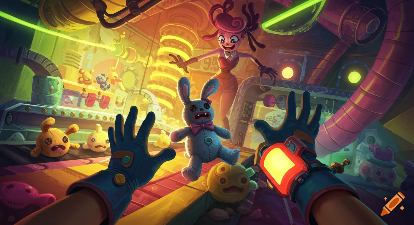 POV of a player's hands with a grabpack in a vibrant, cartoonish factory, reaching for a blue plush bunny as Mommy Long Legs looms above.