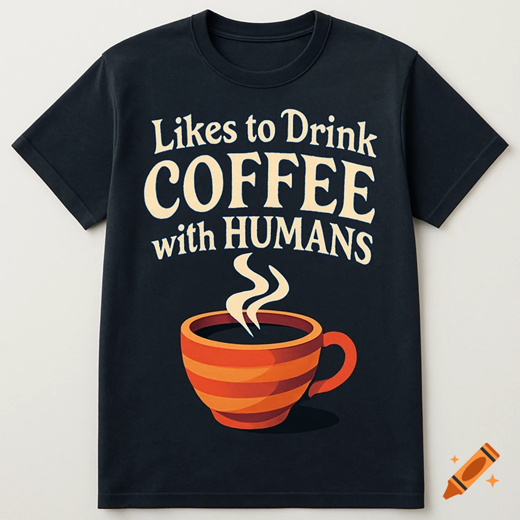 Dark blue t-shirt with "Likes to Drink COFFEE with HUMANS" text above a red and orange striped coffee cup.