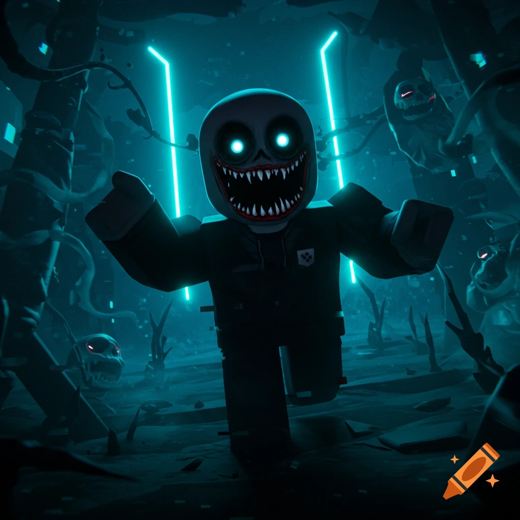 A creepy Roblox-style character with glowing eyes and sharp teeth runs forward in a dark, glitchy, and overgrown environment with neon blue lights and smaller monster faces in the background. Stylized digital art.
