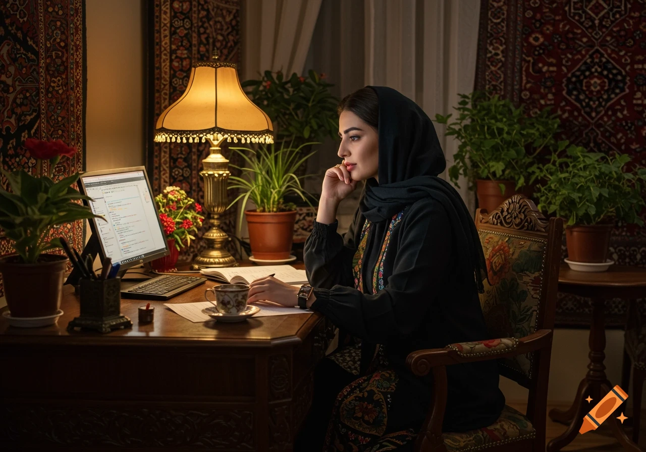 A woman in a black headscarf and dress works at a computer on a wooden desk, surrounded by plants and traditional rugs.