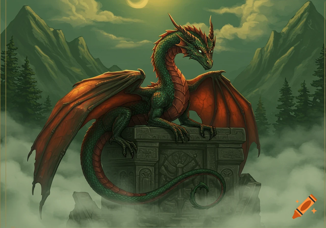 A majestic green and red dragon perches on a stone structure in misty mountains under a pale moon, in an illustrative fantasy style.
