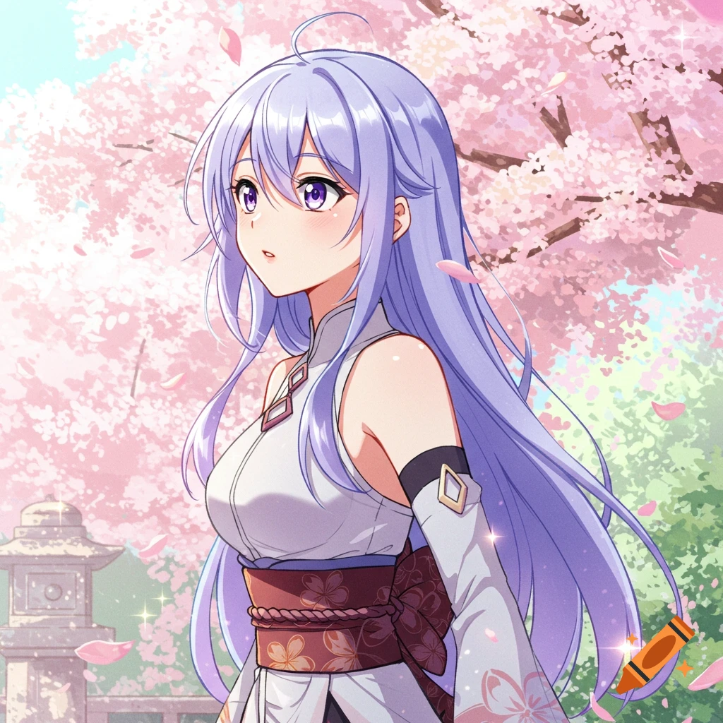 An anime girl with long purple hair and purple eyes in a traditional white and brown outfit stands under a cherry blossom tree with falling petals.