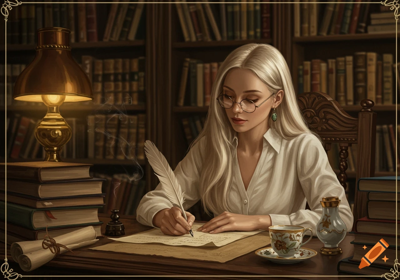 A woman with long blonde hair and glasses writes with a quill at a wooden desk in a dimly lit library, surrounded by books.