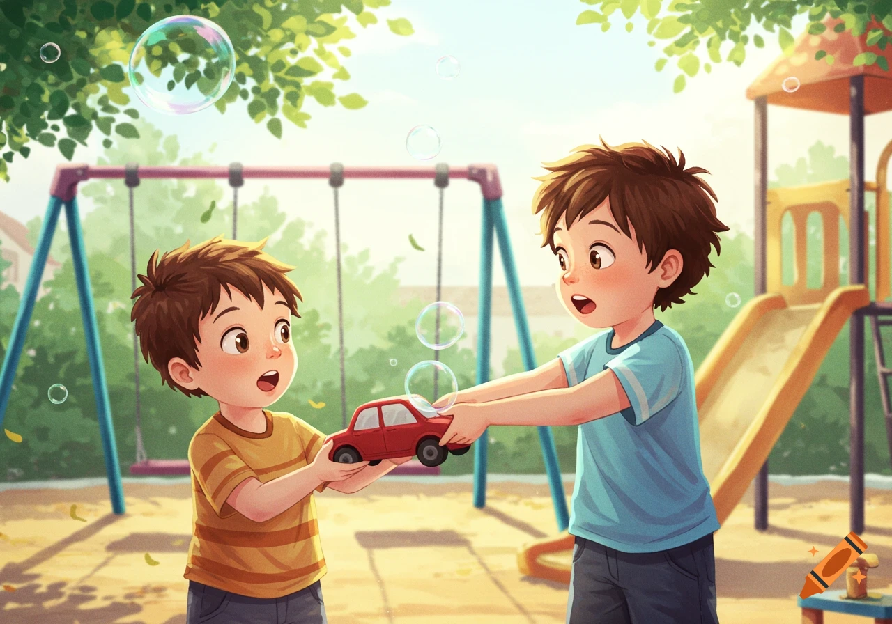 Two young cartoon boys playing in a sunny playground; one hands a red toy car to the other as bubbles float around them.