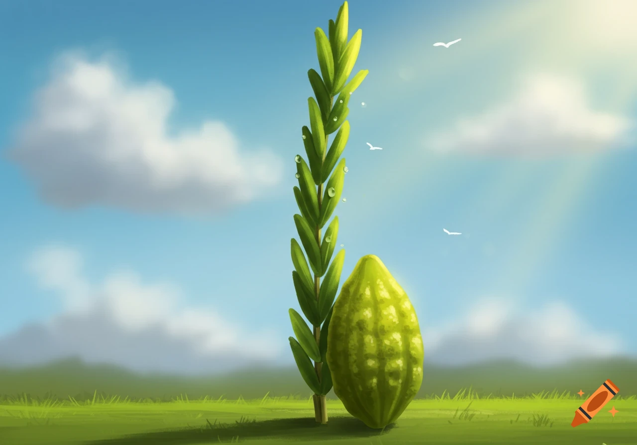 Stylized illustration of a tall green plant with dewdrops and a textured yellow fruit on grassy ground under a blue sky.