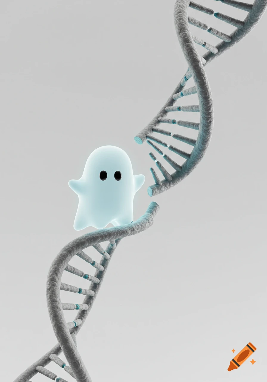 A cute light blue cartoon ghost floats between two broken segments of a DNA double helix, 3D render on a white background.