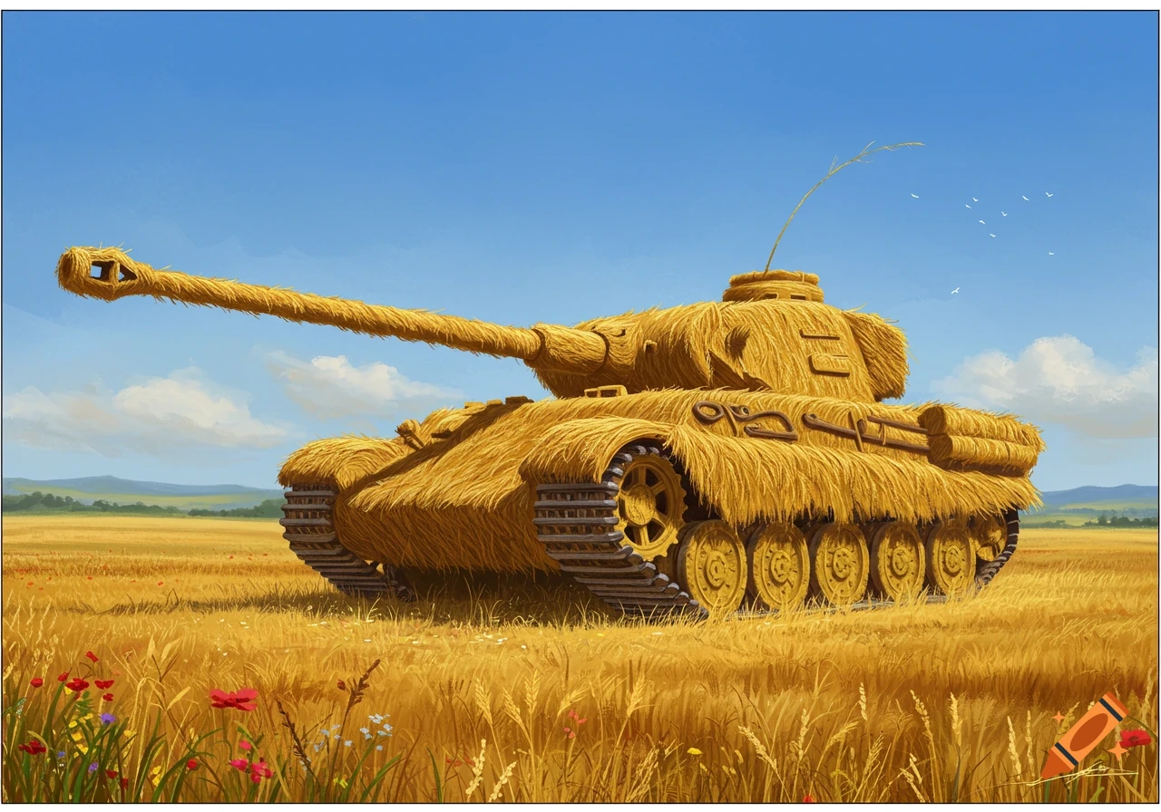 An illustration of a tank made of golden hay, standing in a sunny wheat field with wildflowers under a blue sky.