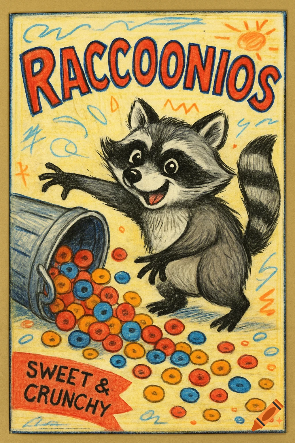 Crayon illustration of a cereal box featuring a happy raccoon next to a spilled trash can with colorful cereal O's, text reads "RACCOONIOS" and "SWEET & CRUNCHY".