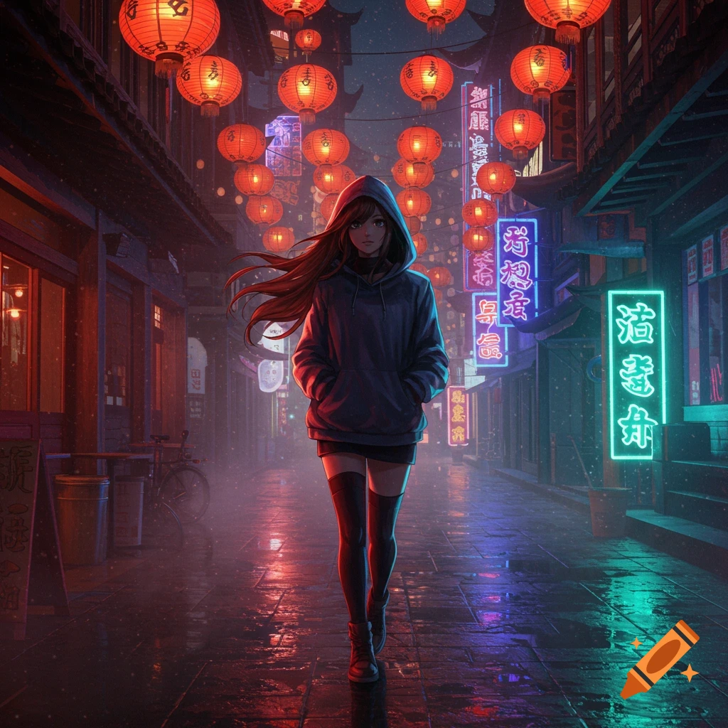 Anime-style young woman in a hoodie walks down a neon-lit Shanghai street at night, illuminated by red lanterns and building reflections on the wet ground.