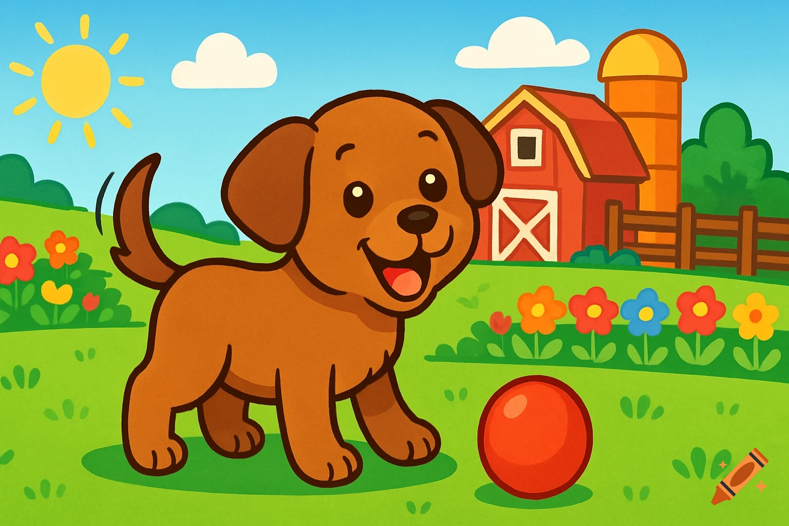 A cute brown cartoon puppy wags its tail next to a red ball in a sunny farm field with a barn and silo.