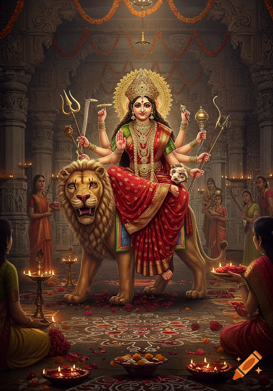 Photorealistic image of Goddess Durga with ten arms riding a lion in a decorated temple, surrounded by devotees, diyas, and rangoli.