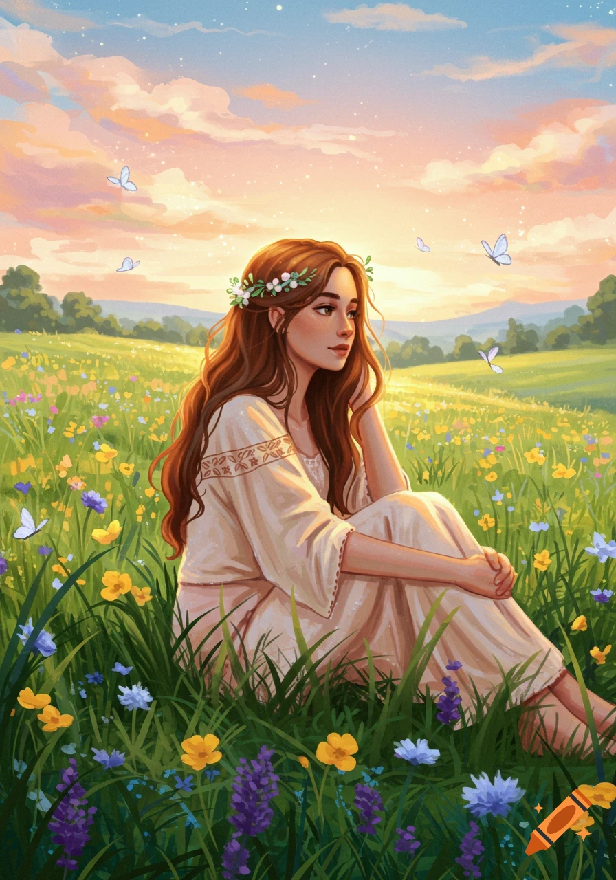 An illustrated young woman with long brown hair and a flower crown sits in a vibrant field of wildflowers under a pastel sky.