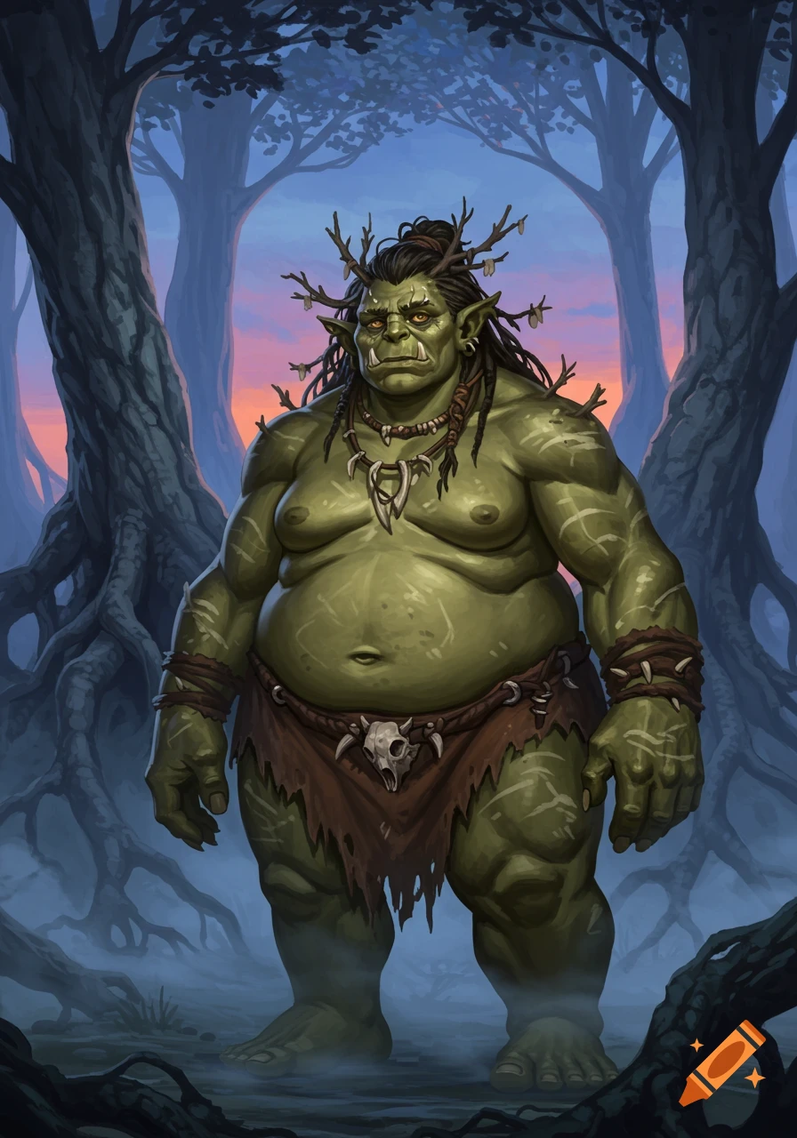 A detailed fantasy illustration of an obese green-skinned female ogre with tusks and dreadlocks, standing in a misty forest.