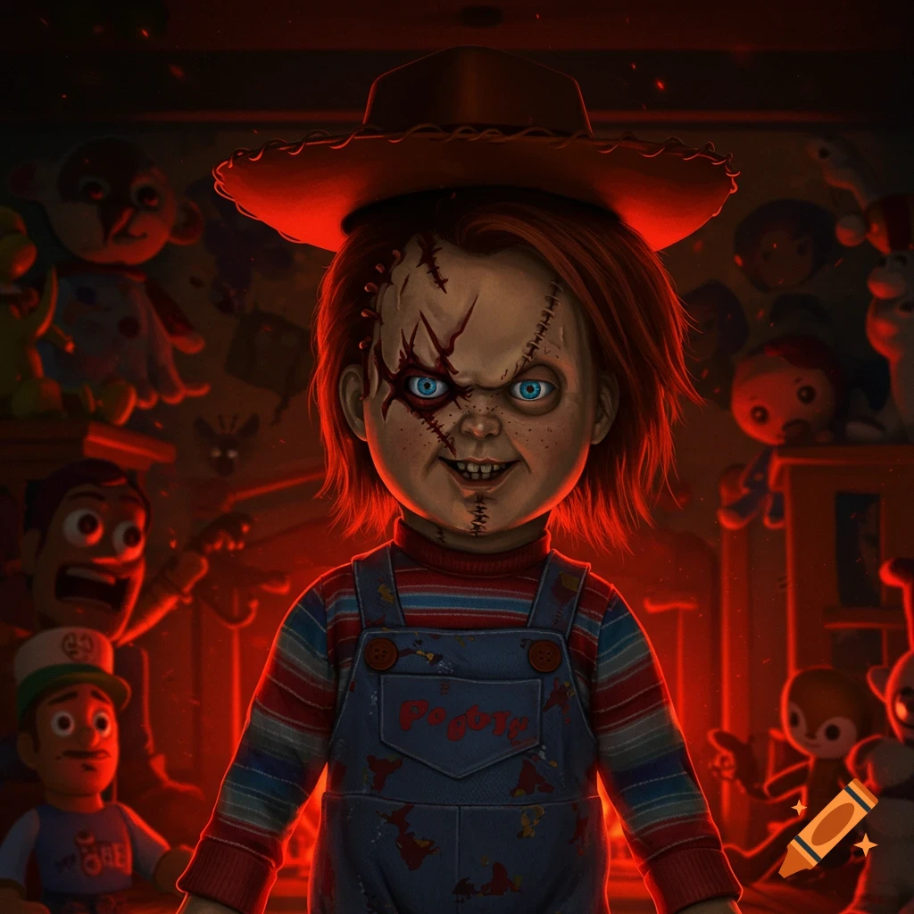 A scary Chucky doll wearing a cowboy hat and overalls with scars and glowing blue eyes, surrounded by other distressed toys in a red-lit room.