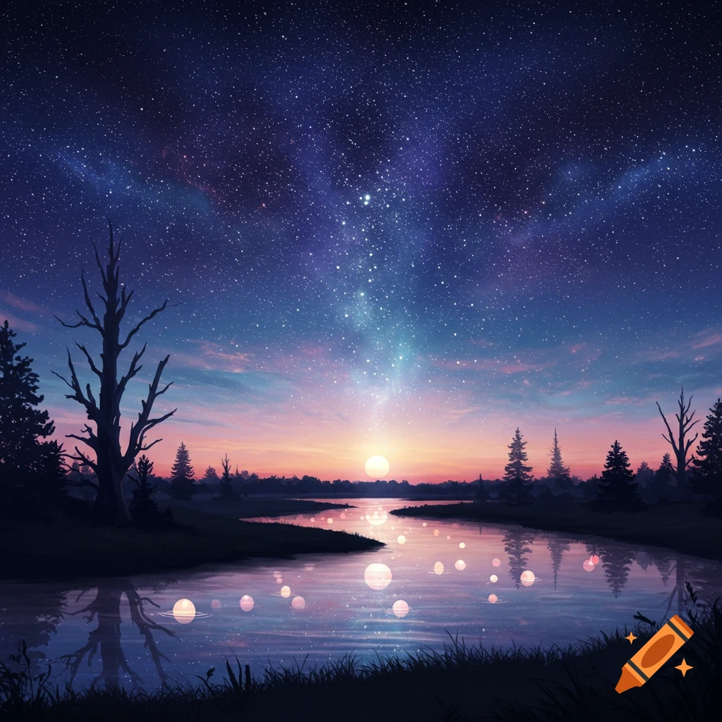 Stylized fantasy art of a starry night sky over a river at sunset, with bare trees, evergreens, and glowing orbs floating on the water.