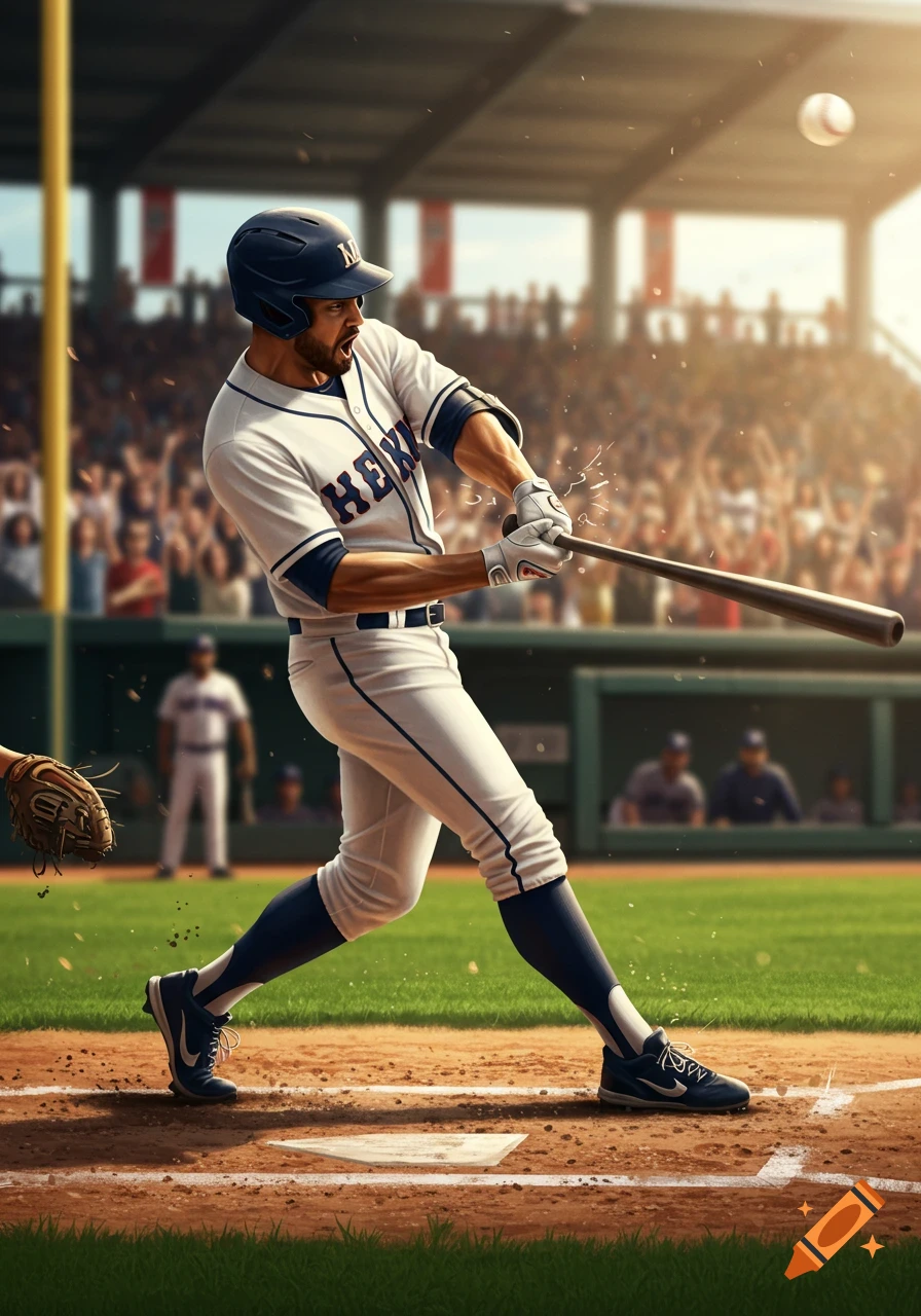 A photorealistic image of a baseball player in a white and blue uniform, swinging a bat at a ball during a game in a stadium with spectators.
