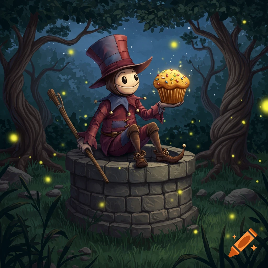 Whimsical jester-like character on a stone well in a dark forest holds a large muffin with sprinkles, surrounded by glowing fireflies.