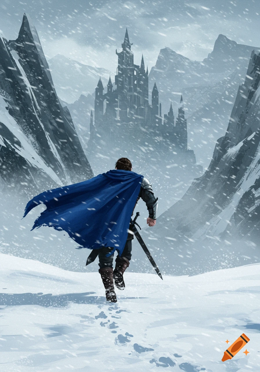 A knight in a blue cape with a sword runs through a snowy mountain pass towards a distant, dark castle in a blizzard. Digital painting.
