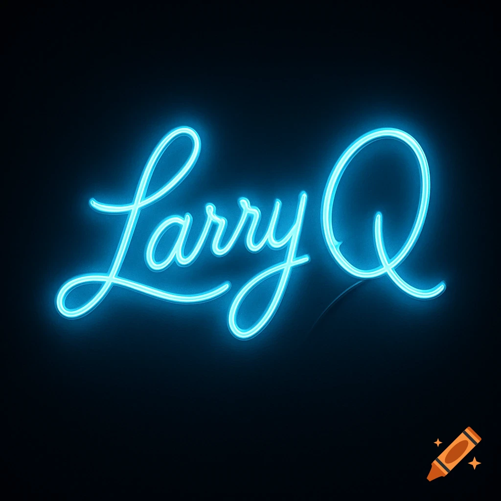 Blue neon sign displaying the cursive name 'Larry Q' against a dark background.