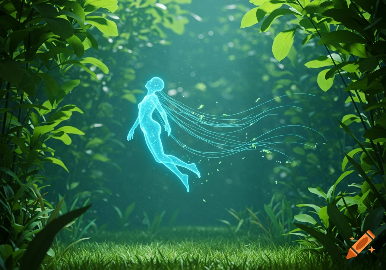 A light blue glowing ethereal figure floats amidst lush green jungle foliage, rendered in a digital art style.