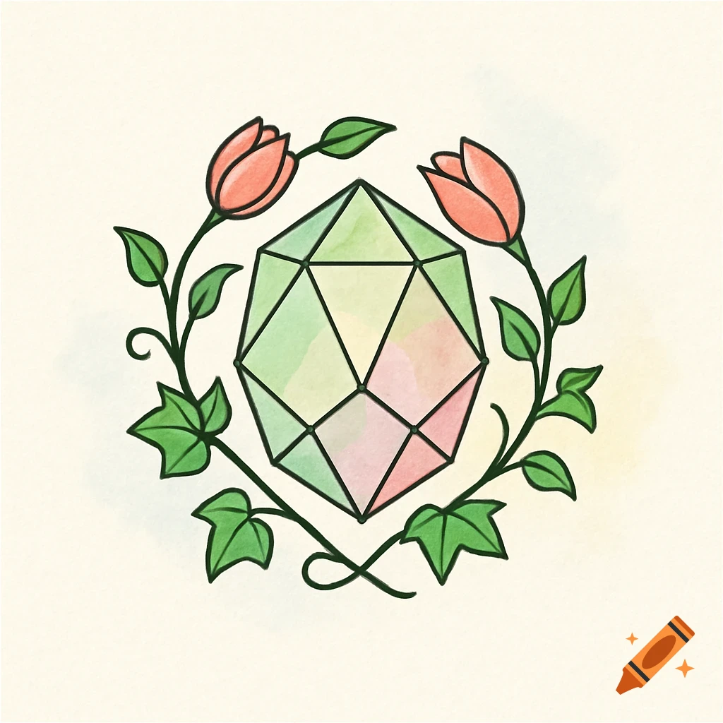 Watercolor illustration of a multifaceted green and pink gem encircled by red flowers and green leaves.