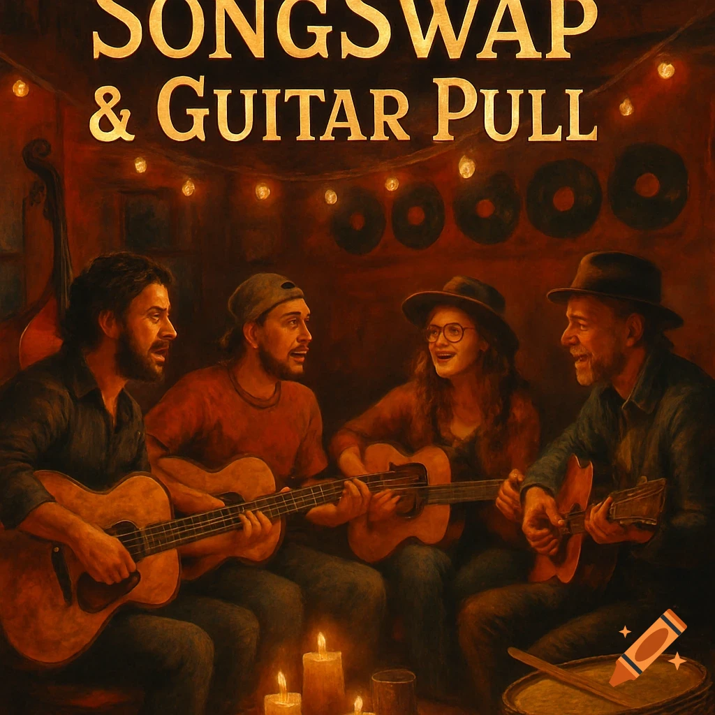 Four musicians play acoustic guitars and sing around lit candles in a dimly lit, cozy room with the text "SONGSWAP & GUITAR PULL" above them. Style is painterly.