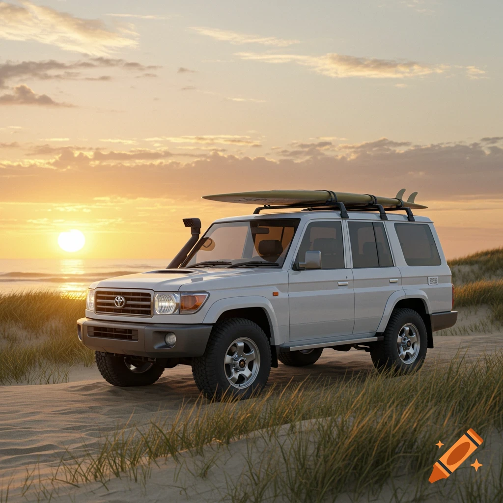 A white Toyota Landcruiser 76 series with a surfboard on its roof, parked on a sandy beach at sunset.