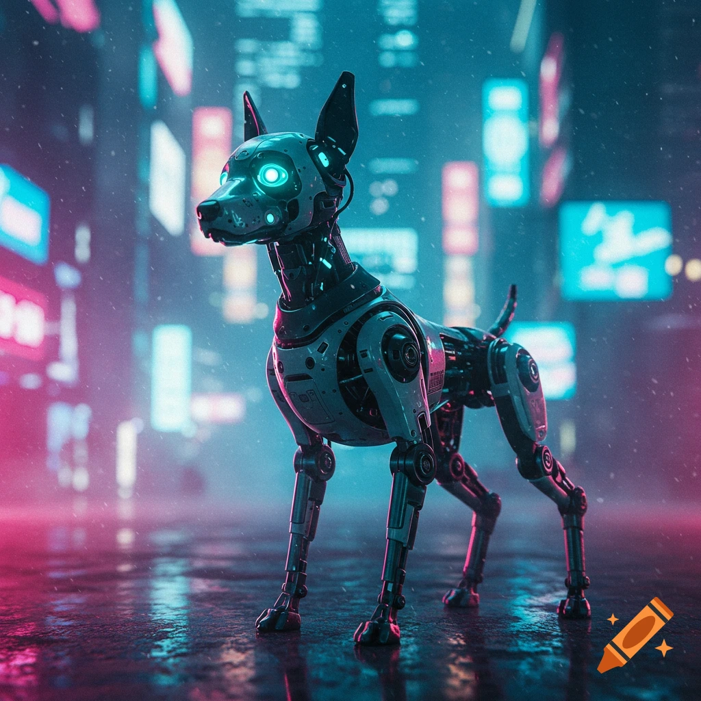 A sleek, metallic robot dog with glowing blue eyes stands in a futuristic cyberpunk city street, illuminated by neon pink and blue lights reflecting on the wet ground.