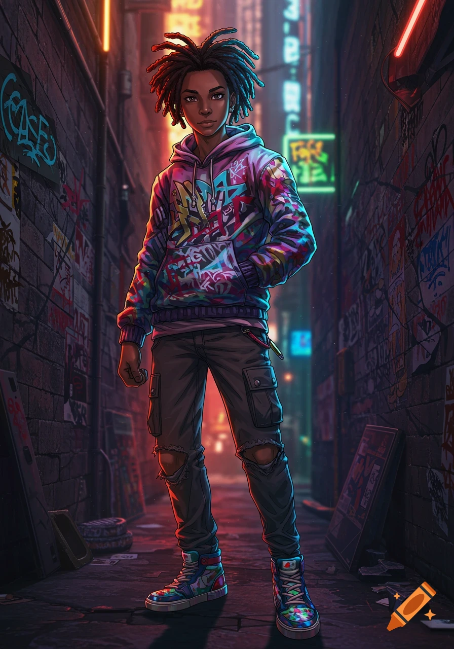 Anime illustration of a dark-skinned teenage boy with dreadlocks, wearing a colorful graffiti hoodie and ripped cargo pants, standing confidently in a neon-lit alleyway.