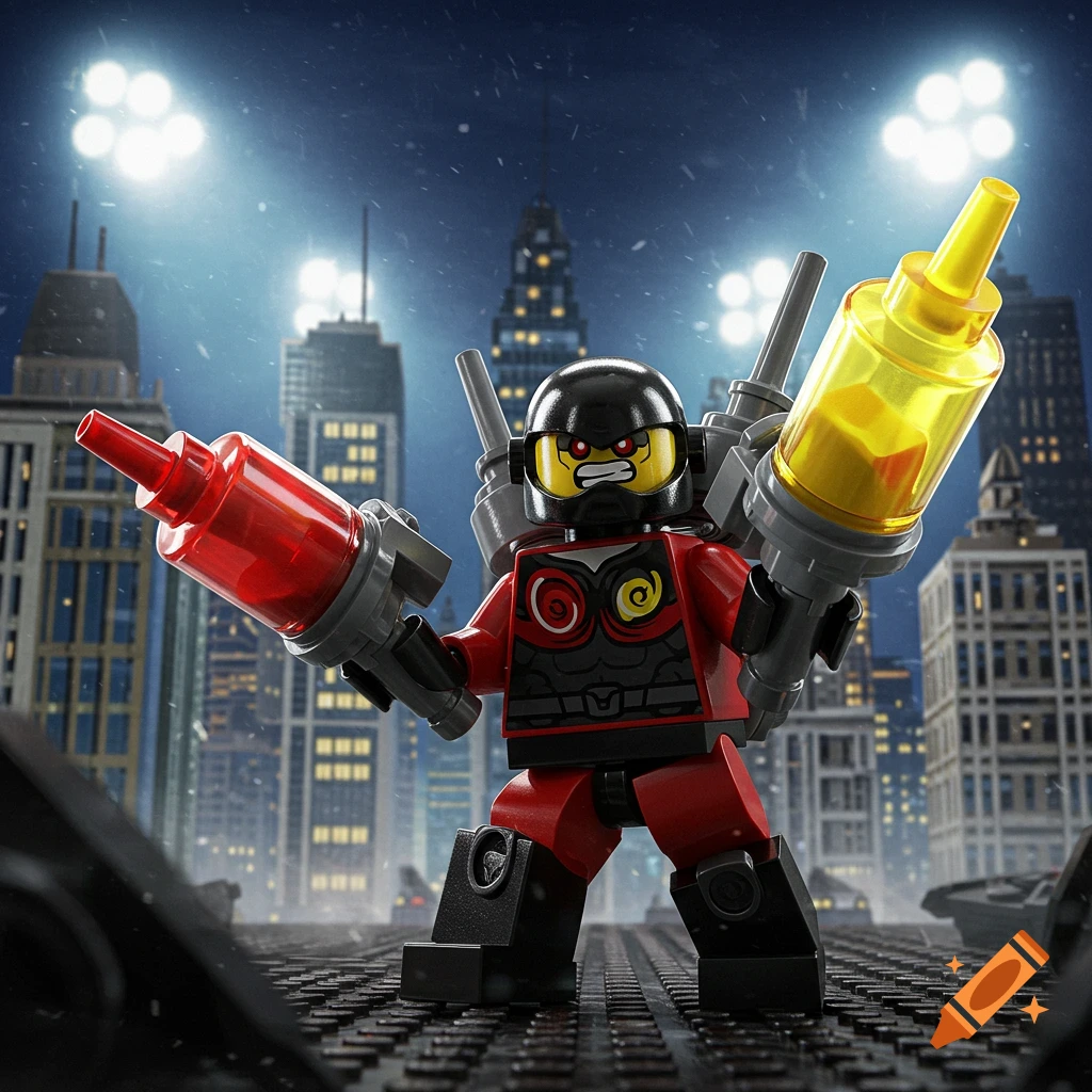 A LEGO supervillain in red and black armor, wearing a helmet and holding two guns with red and yellow liquid tanks, stands in a city at night.