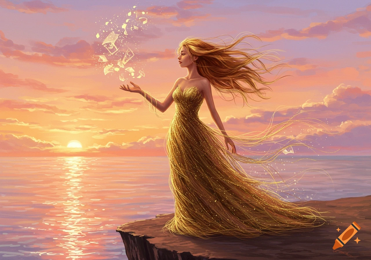 A woman in a shimmering golden dress stands on a cliff at sunset, releasing magical floating papers over the ocean.
