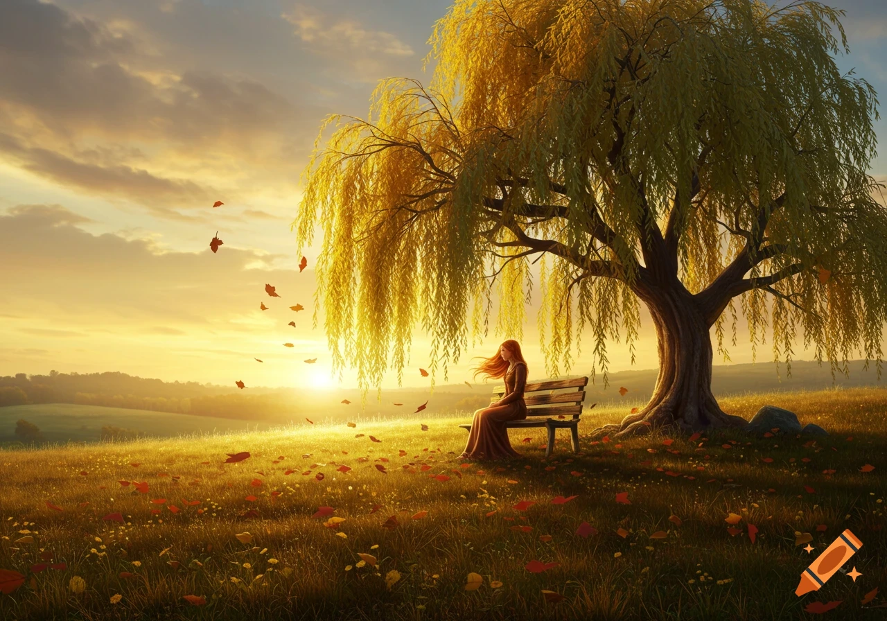 A woman sits on a bench under a golden weeping willow in an autumnal field with falling leaves at sunset.