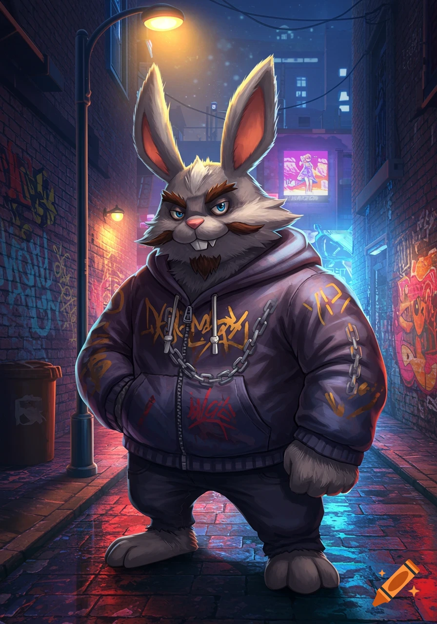 A tough anthropomorphic grey rabbit in a purple graffiti hoodie and chain stands in a neon-lit, graffiti-covered urban alley.