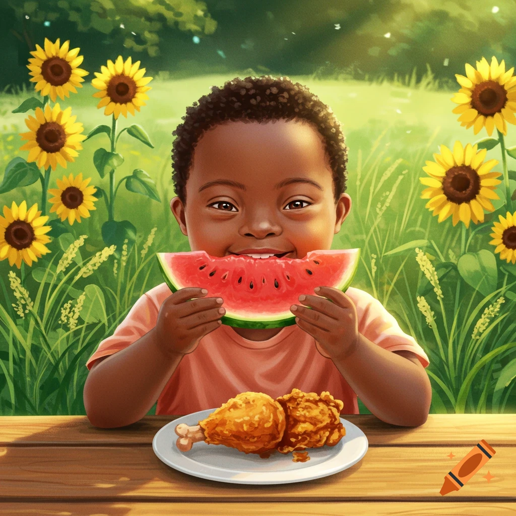 A happy black child with Down Syndrome eats watermelon at a wooden table in a sunny sunflower field, with fried chicken.