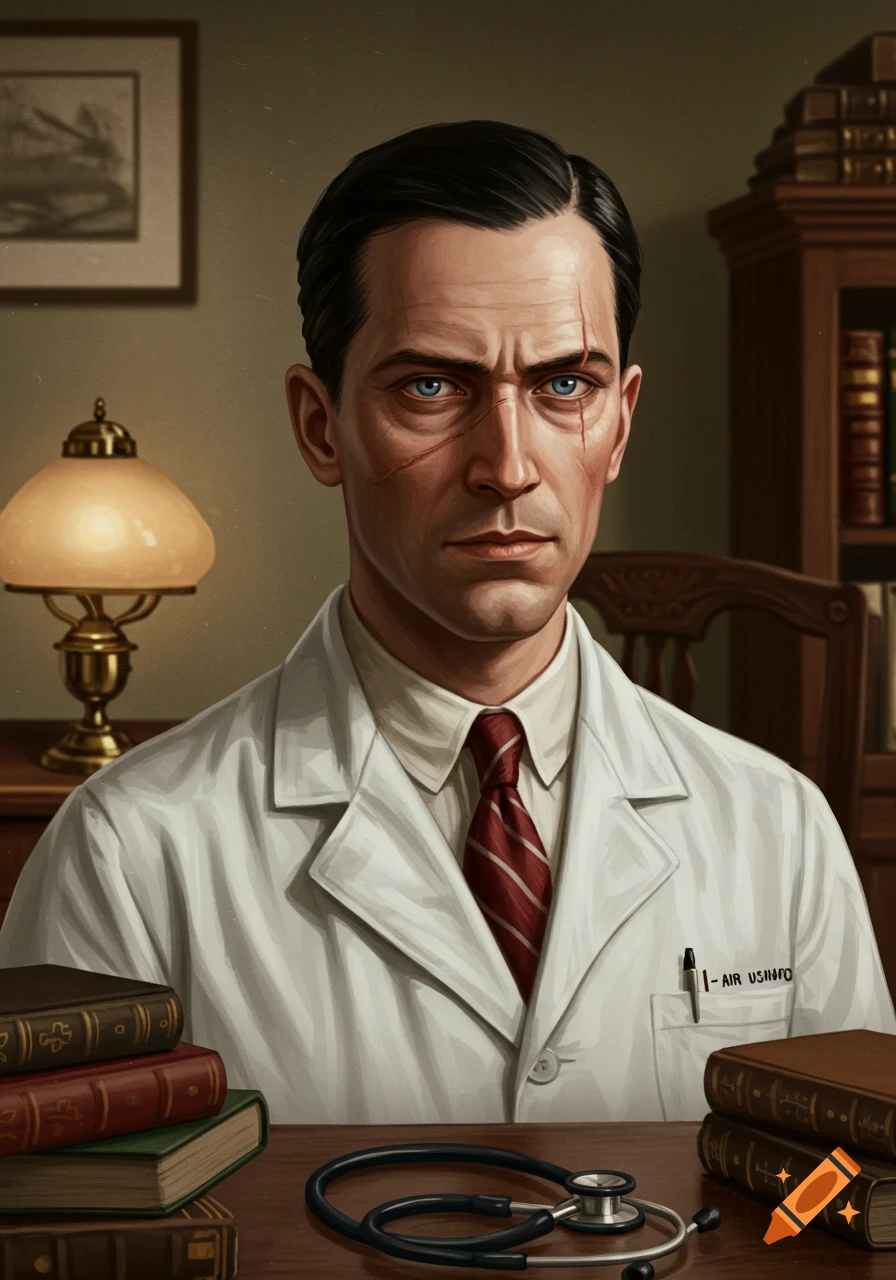 A serious man with dark hair, blue eyes, and facial scars, wearing a white lab coat and striped tie, sits at a desk with books and a stethoscope.