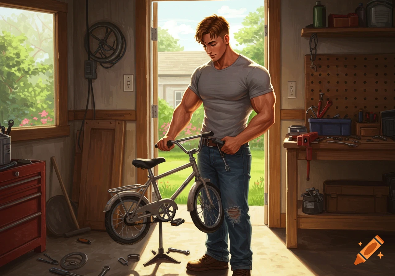 A muscular man in a gray t-shirt and jeans works on a small bicycle in a sunlit garage, surrounded by tools.