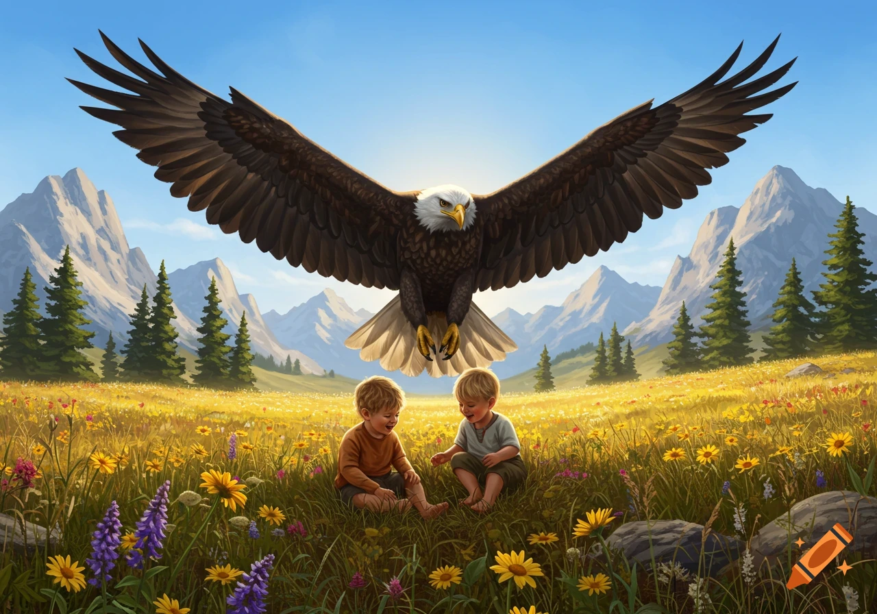 Two young children play in a vibrant flower field under a large, soaring bald eagle with mountains in the background, digital painting.