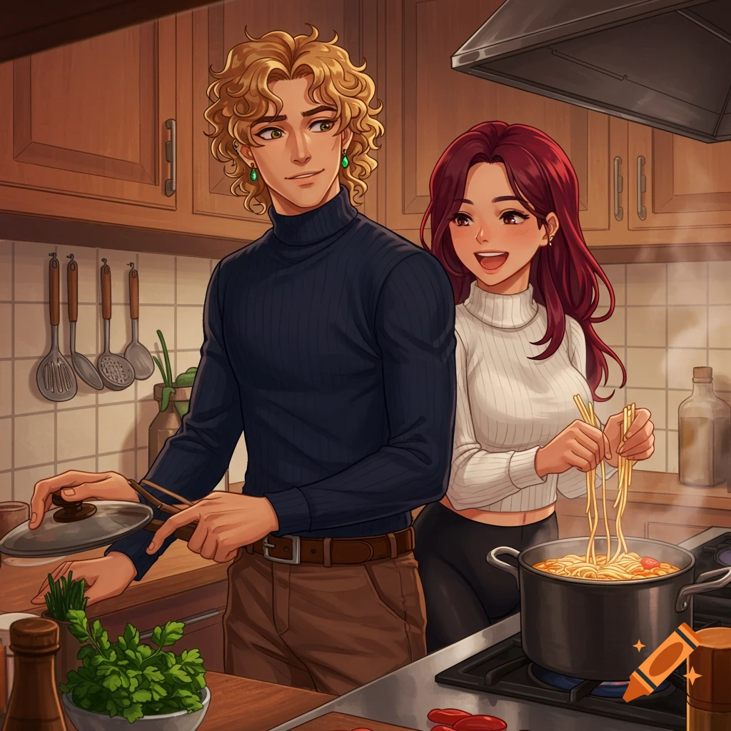 An anime couple cooks in a cozy kitchen. The man watches as the woman breaks noodles into a pot.