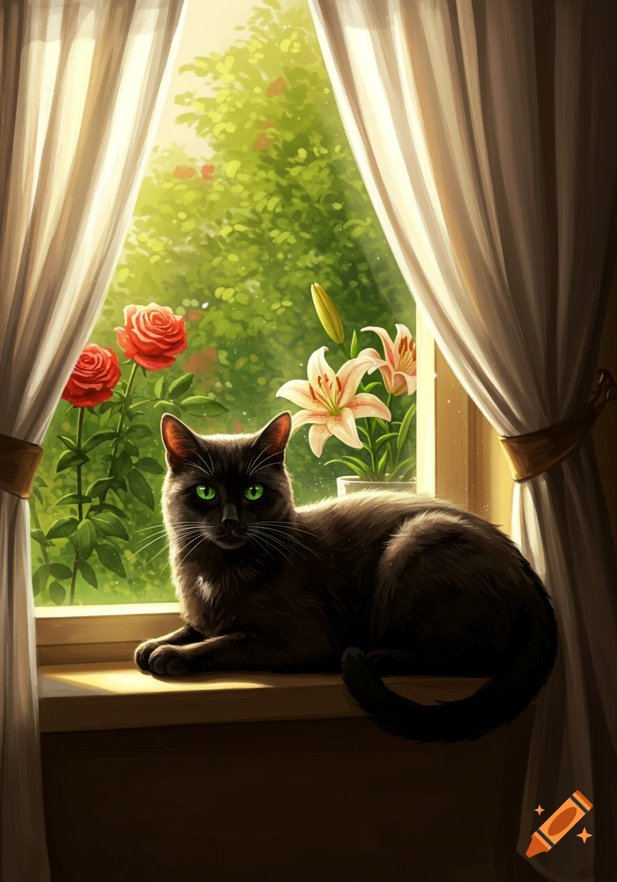 Digital painting of a black cat with green eyes lying on a sunlit windowsill, surrounded by curtains, red roses, white lilies, and lush green foliage outside.