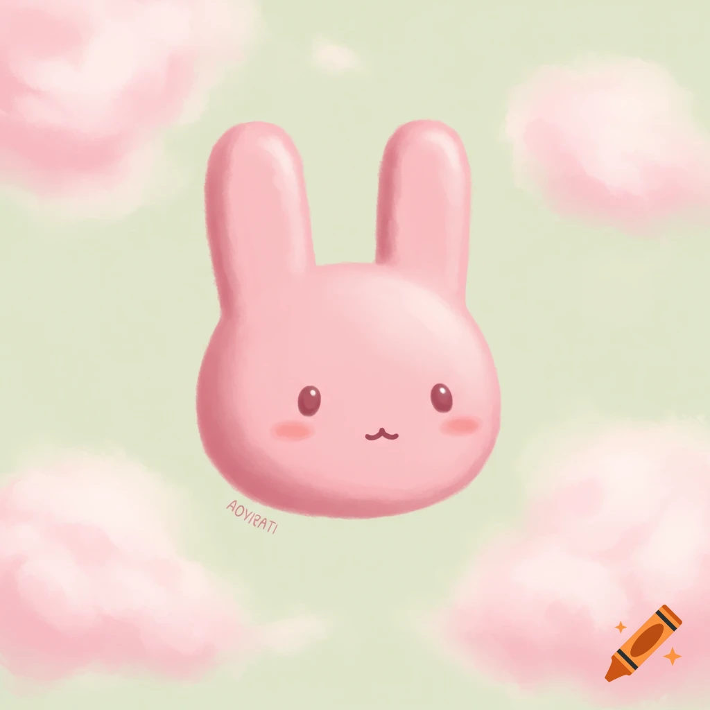 Cute light pink bunny head with dot eyes and a small mouth, floating in a light green sky with fluffy pink clouds.