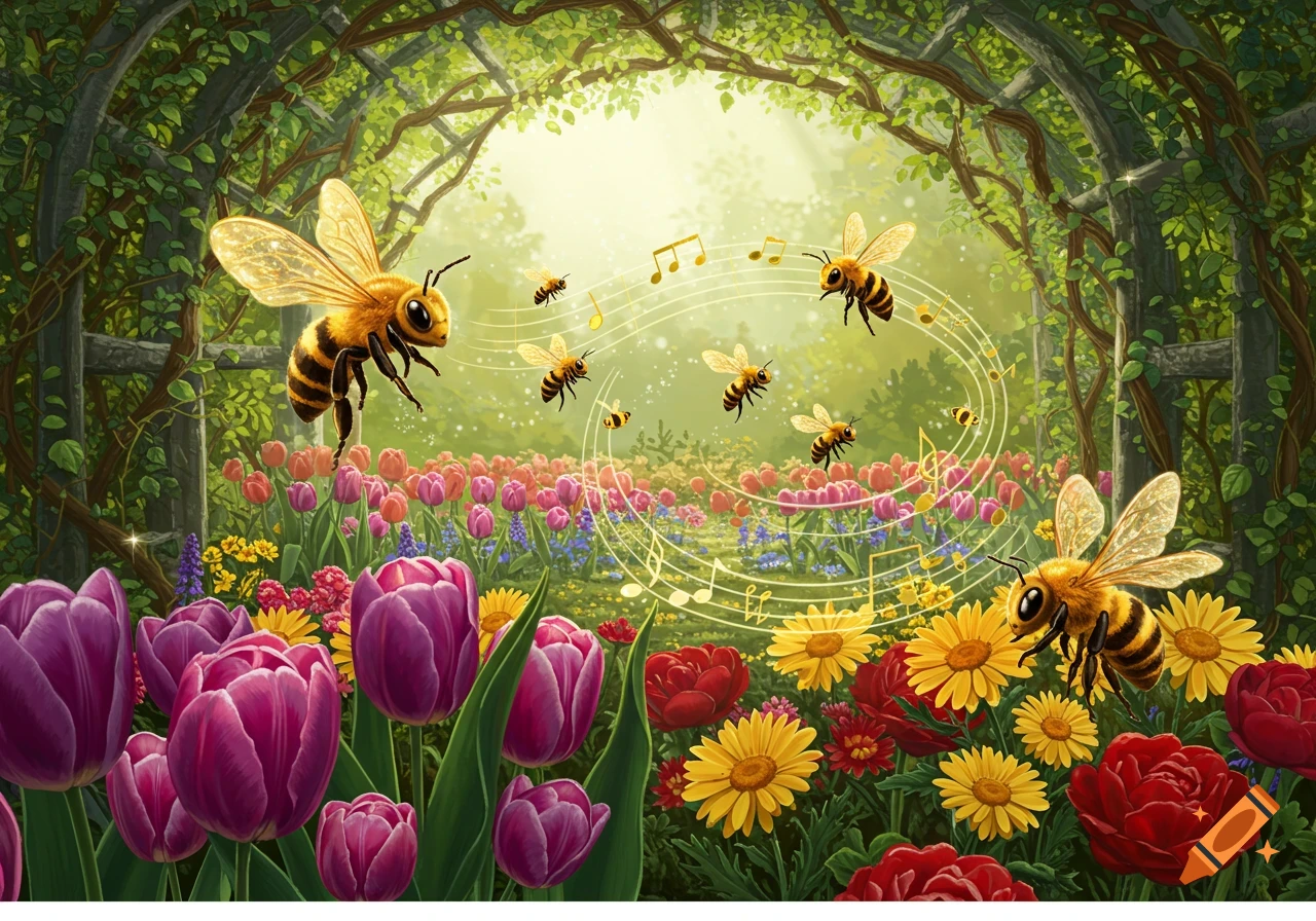Vibrant illustration of large bees flying through a magical flower garden with purple tulips, yellow daisies, red roses, and musical notes.