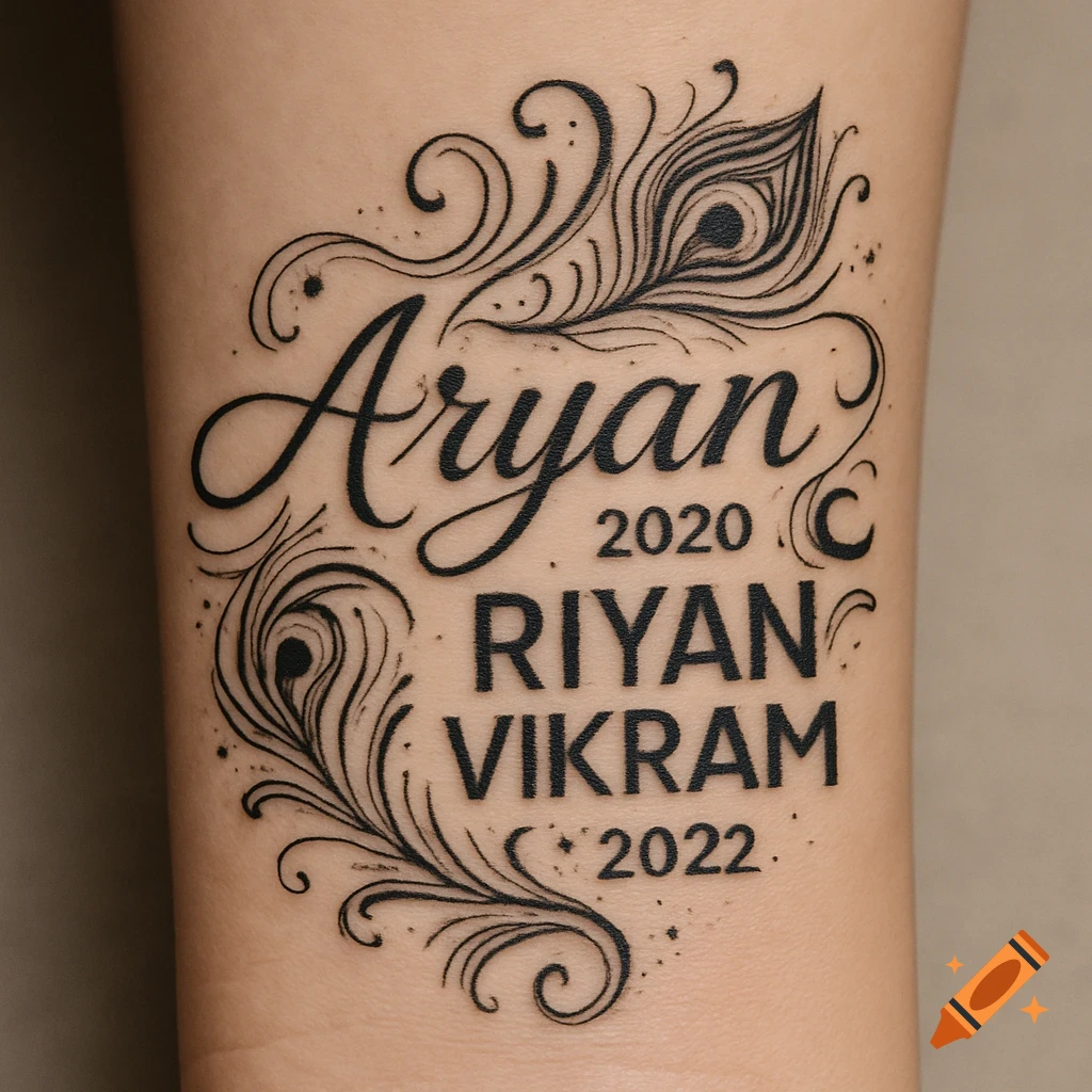 Black tattoo on an arm with names 'Aryan 2020' and 'Riyan Vikram 2022' surrounded by decorative swirls and peacock feathers.