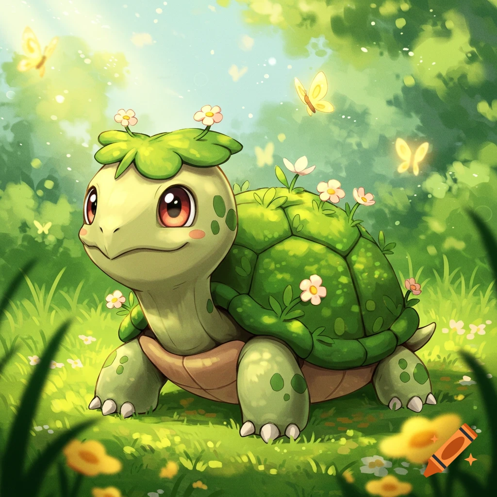 A cute, green, Pokémon-style grass turtle with flowers on its shell and a leafy head in a sunny green field with butterflies.