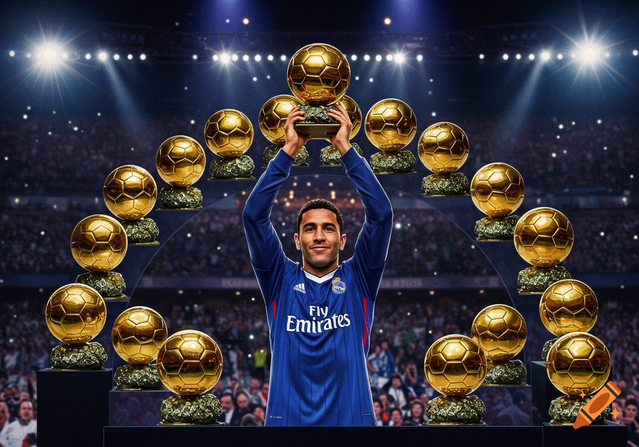 A male soccer player in a blue jersey holds a golden soccer ball trophy in a packed stadium, surrounded by many more golden trophies.