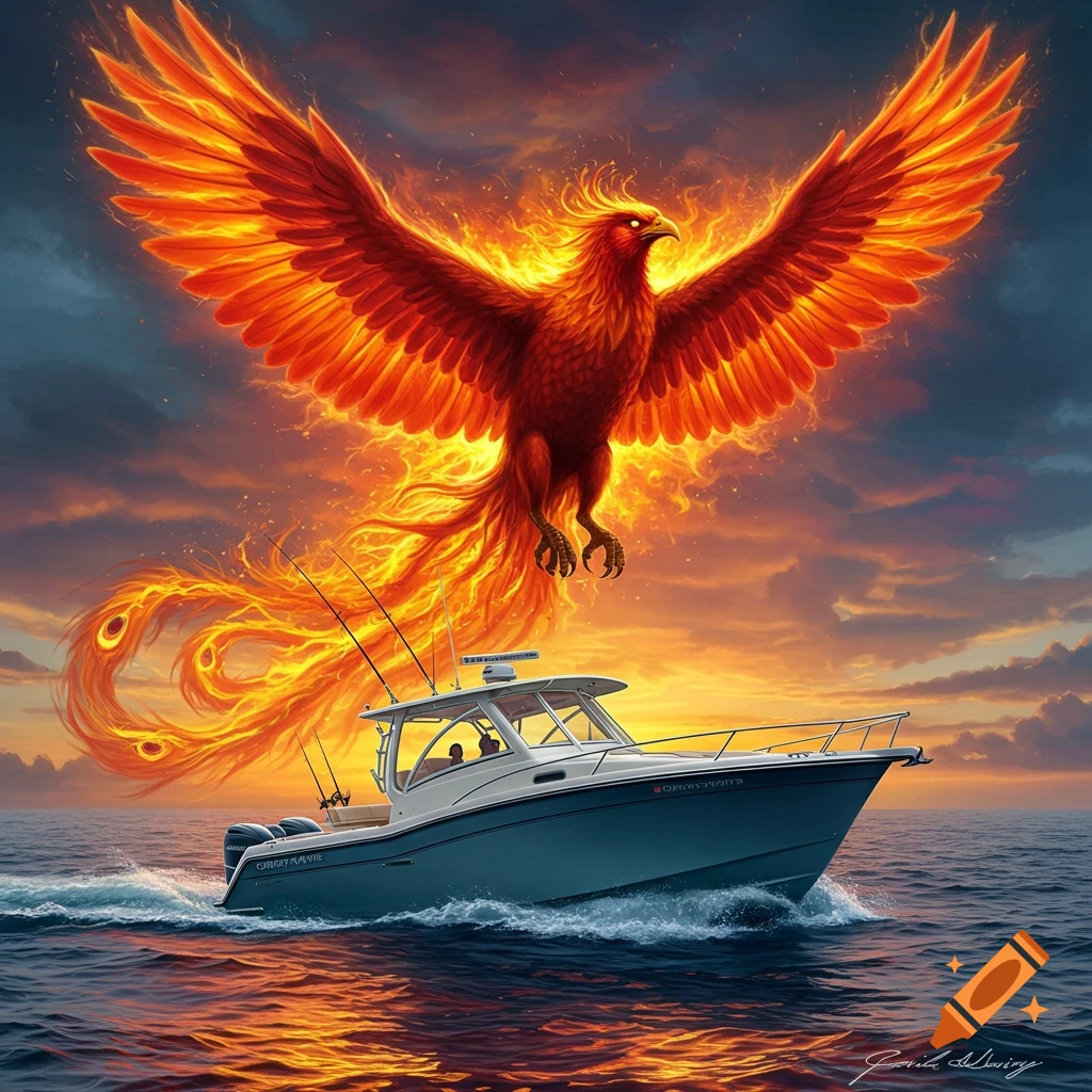 A majestic fiery phoenix with outstretched wings soars over a blue and white motorboat speeding through the ocean at sunset.