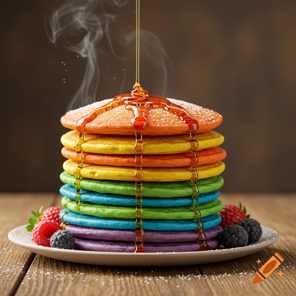 A tall stack of rainbow-colored pancakes with golden syrup dripping down, garnished with fresh berries on a white plate, set on a wooden table.