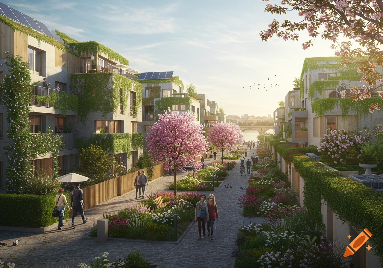 A photorealistic view of a modern, green urban neighborhood with vine-covered buildings, a pedestrian path, pink cherry trees, and people.