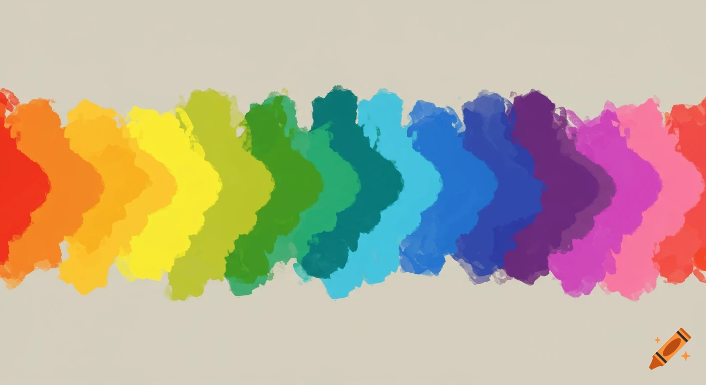 A horizontal row of vibrant, wavy paint strokes in a rainbow spectrum, from red to purple, against a light beige background.