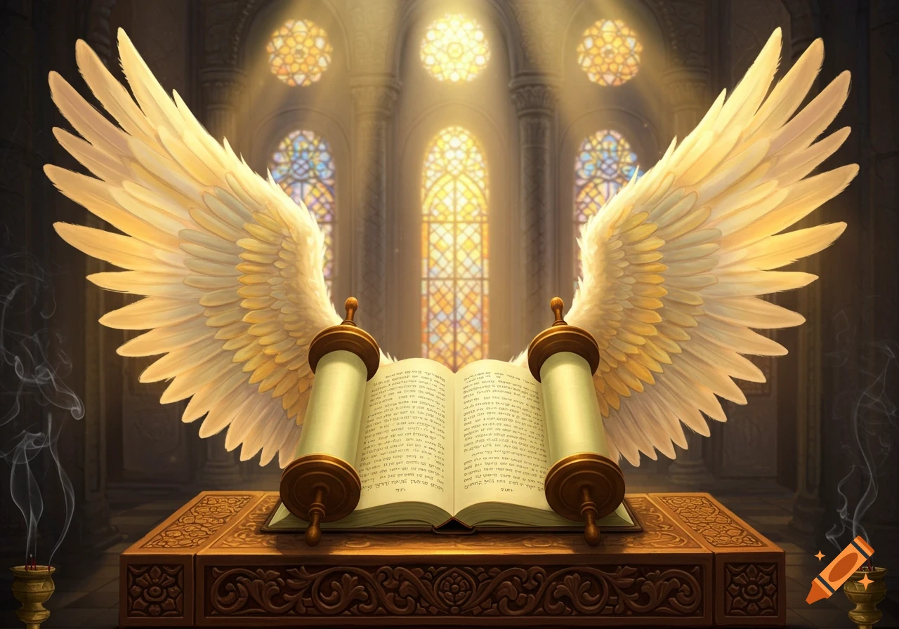 An open, ancient scroll with large, golden-white angel wings on an ornate wooden altar, illuminated by stained-glass windows in a grand hall.
