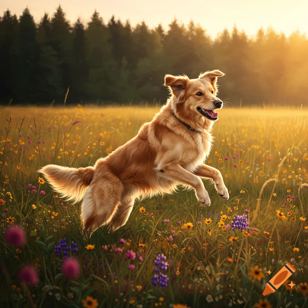 A golden dog jumps through a sunny field of colorful wildflowers with a forest background.
